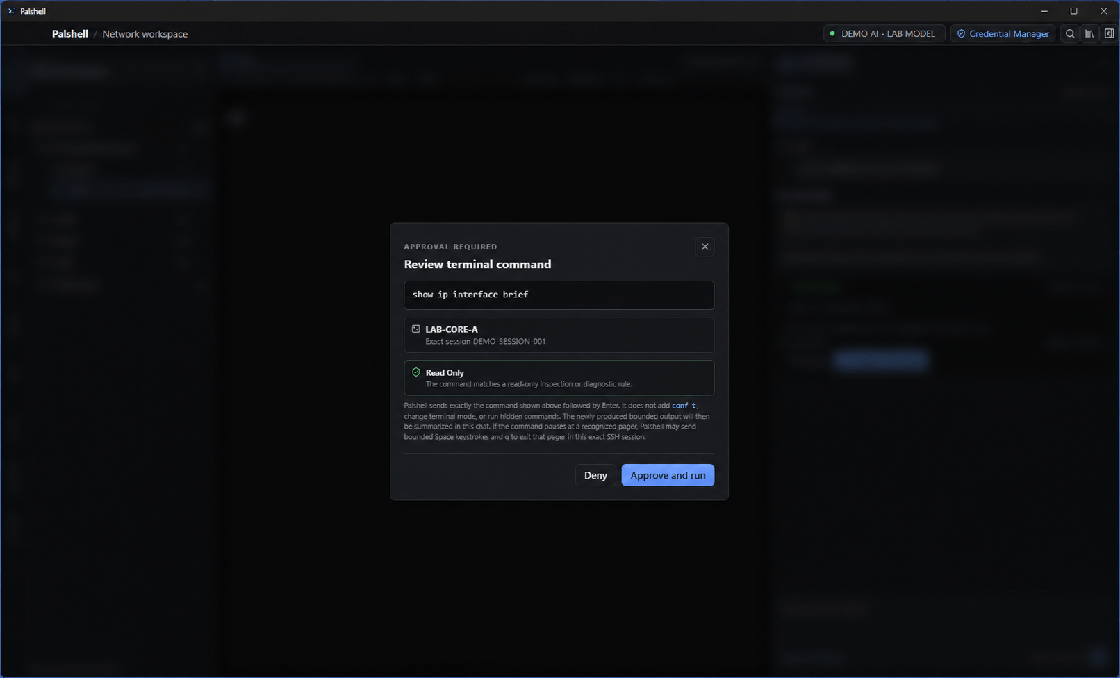 Palshell approval dialog reviewing a read-only network command before it runs in an SSH session.