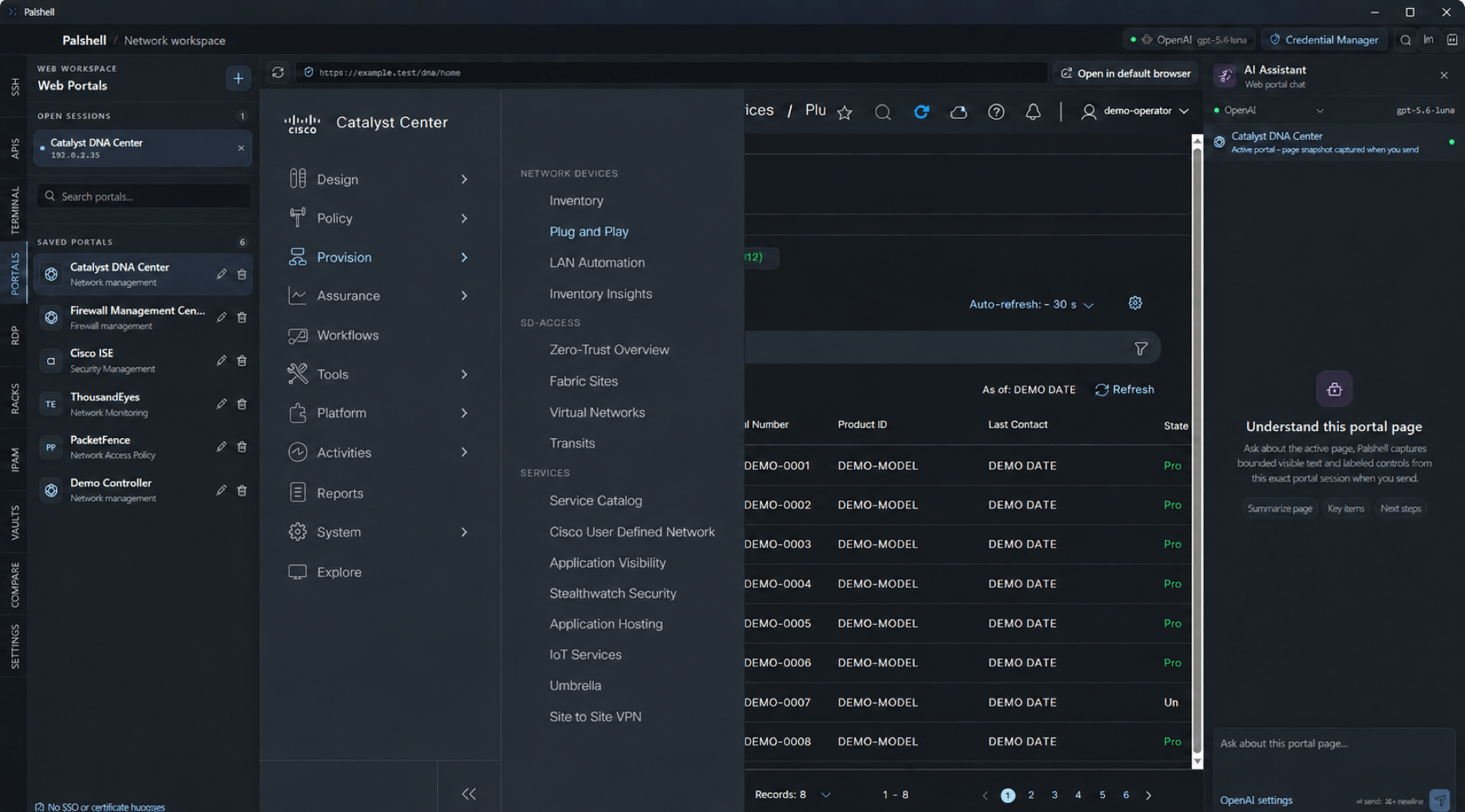 Palshell Web Portals workspace displaying Cisco Catalyst Center beside an AI assistant for the active page.