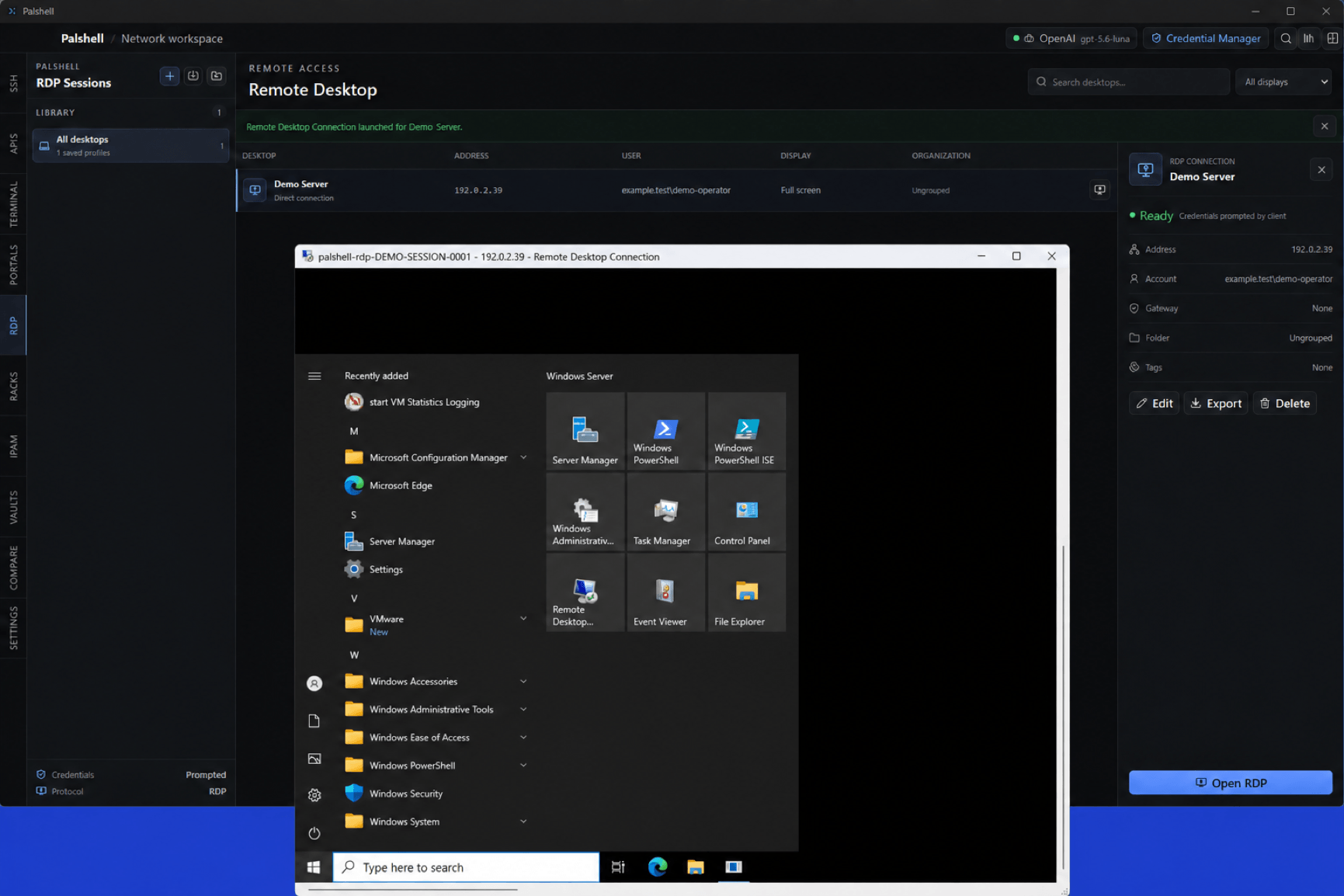 Palshell Remote Desktop workspace with a saved server profile and an active Windows Server desktop session.