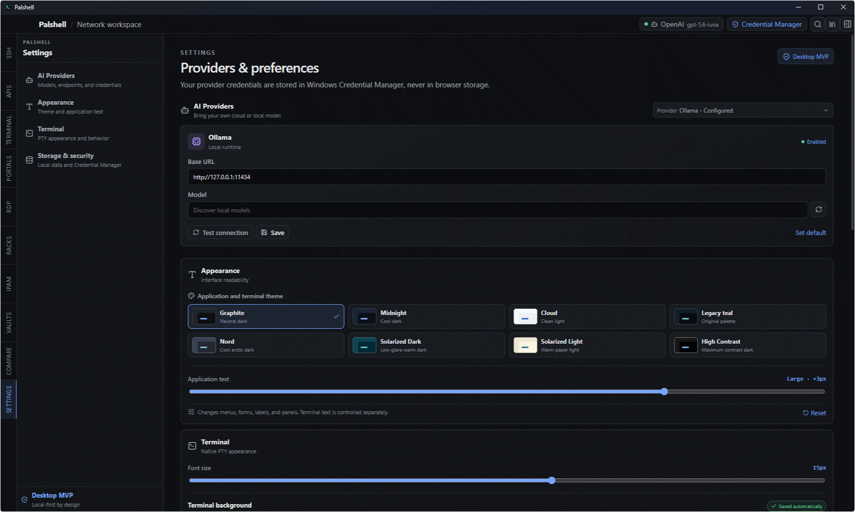 Palshell settings for a local Ollama AI provider, application themes, and interface text sizes.