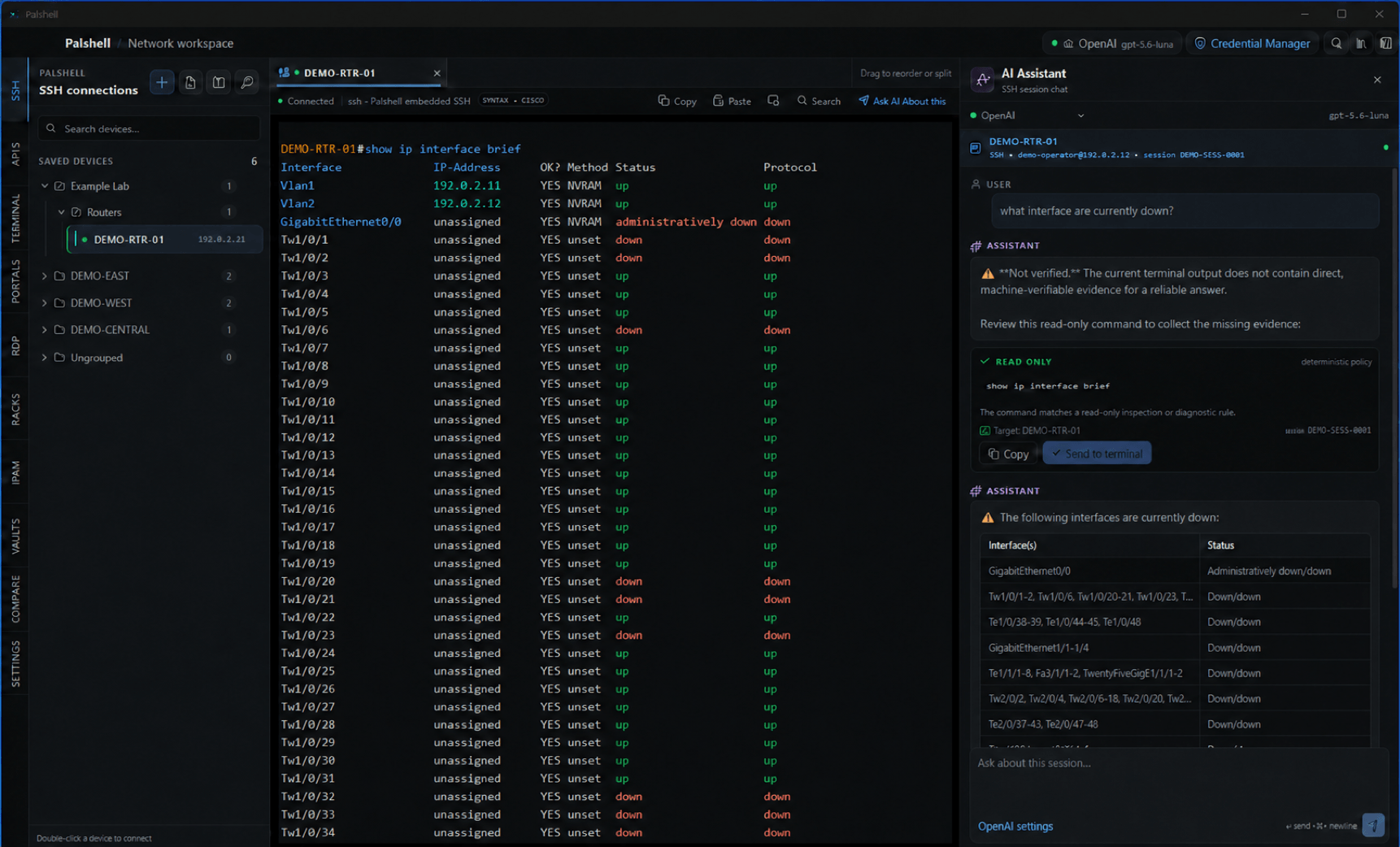 Palshell SSH workspace showing router interface status beside an AI assistant proposing and summarizing a read-only diagnostic command.