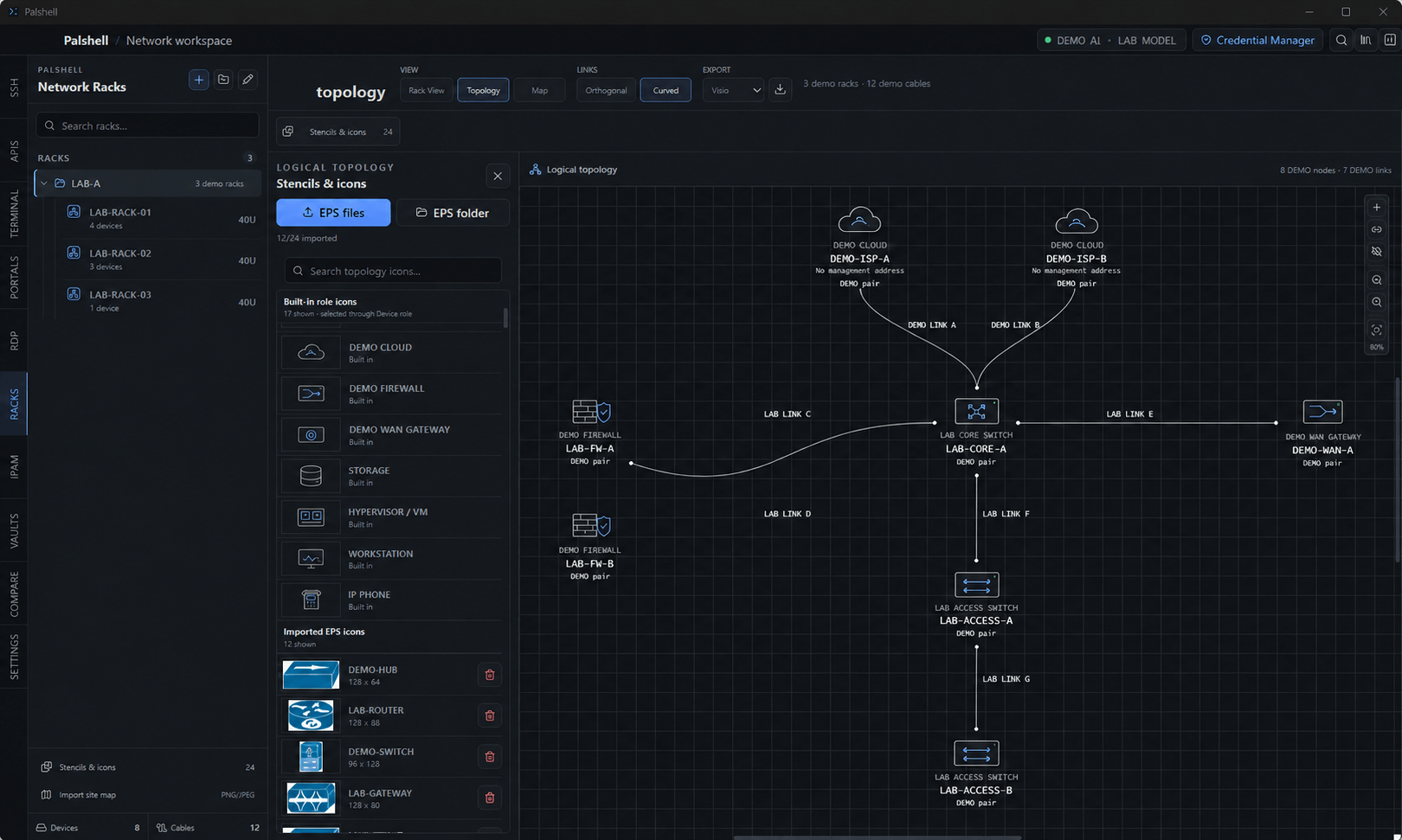 Palshell logical-topology editor showing firewalls, switches, internet links, and curved connections on a grid.